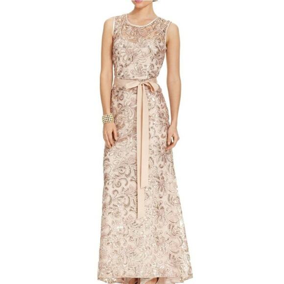 Betsy & Adam Metallic Gold Sequin Rosette Tie Maxi Formal Evening Gown Dress - Picture 1 of 10